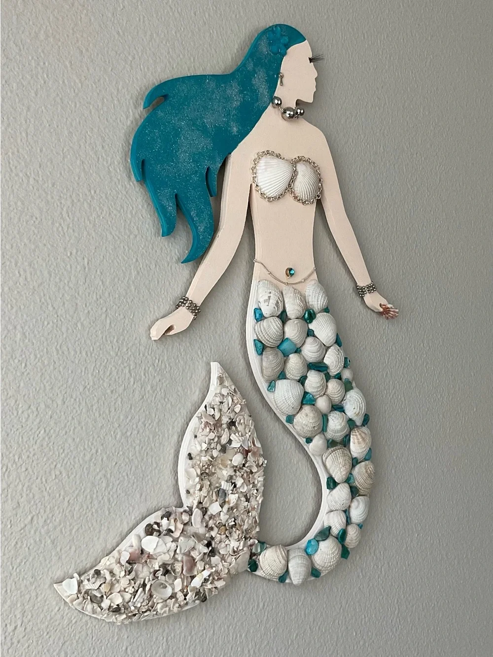 Handcrafted Mermaid Shell Wall Decor in Teal and Cream